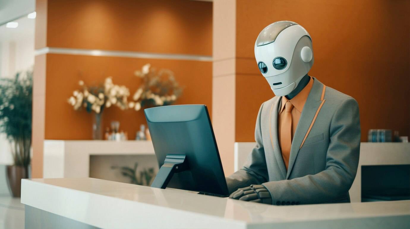 A humanoid robot in a suit using a computer at a modern reception desk.