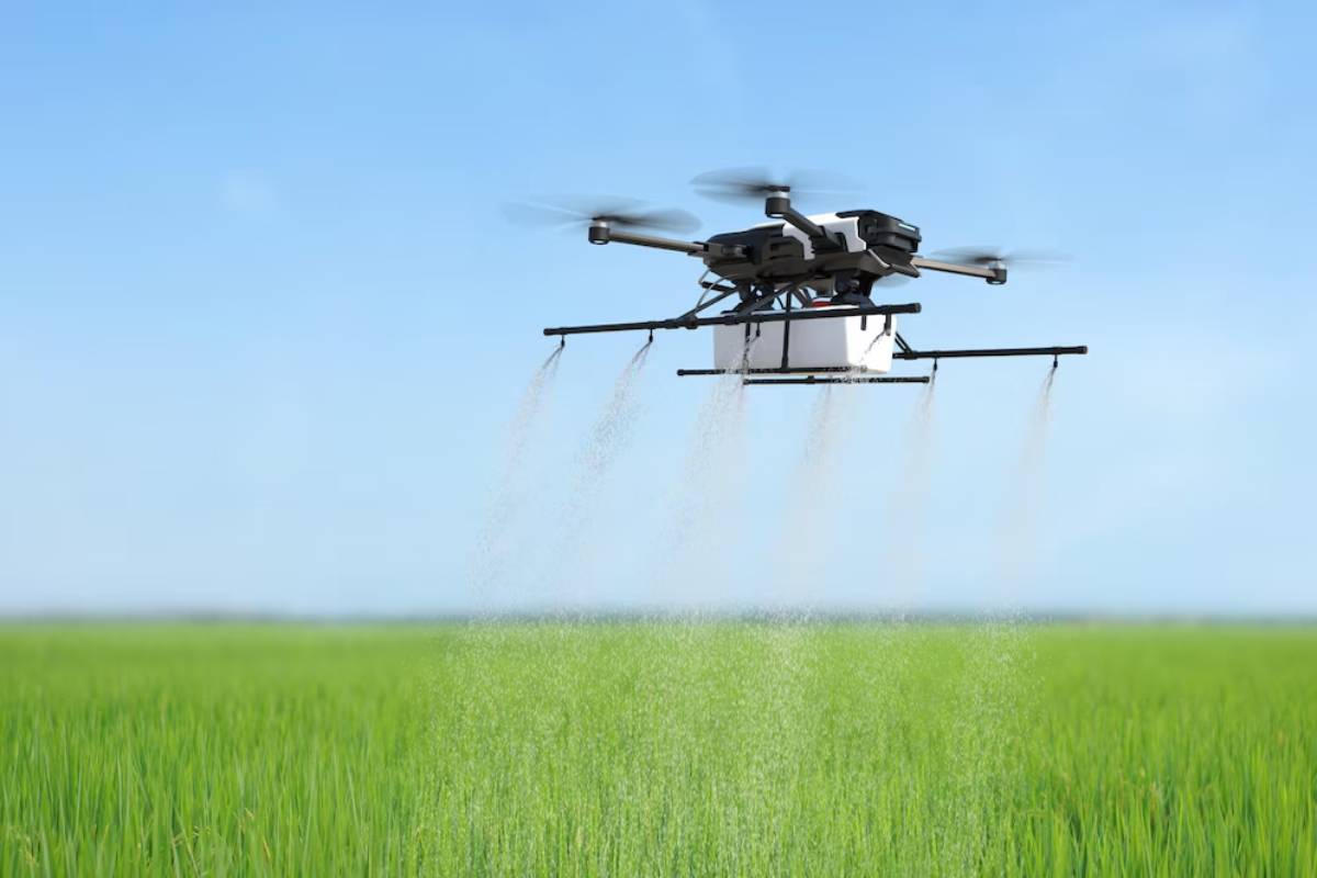 A drone spraying liquid over a lush green crop field under a clear blue sky.