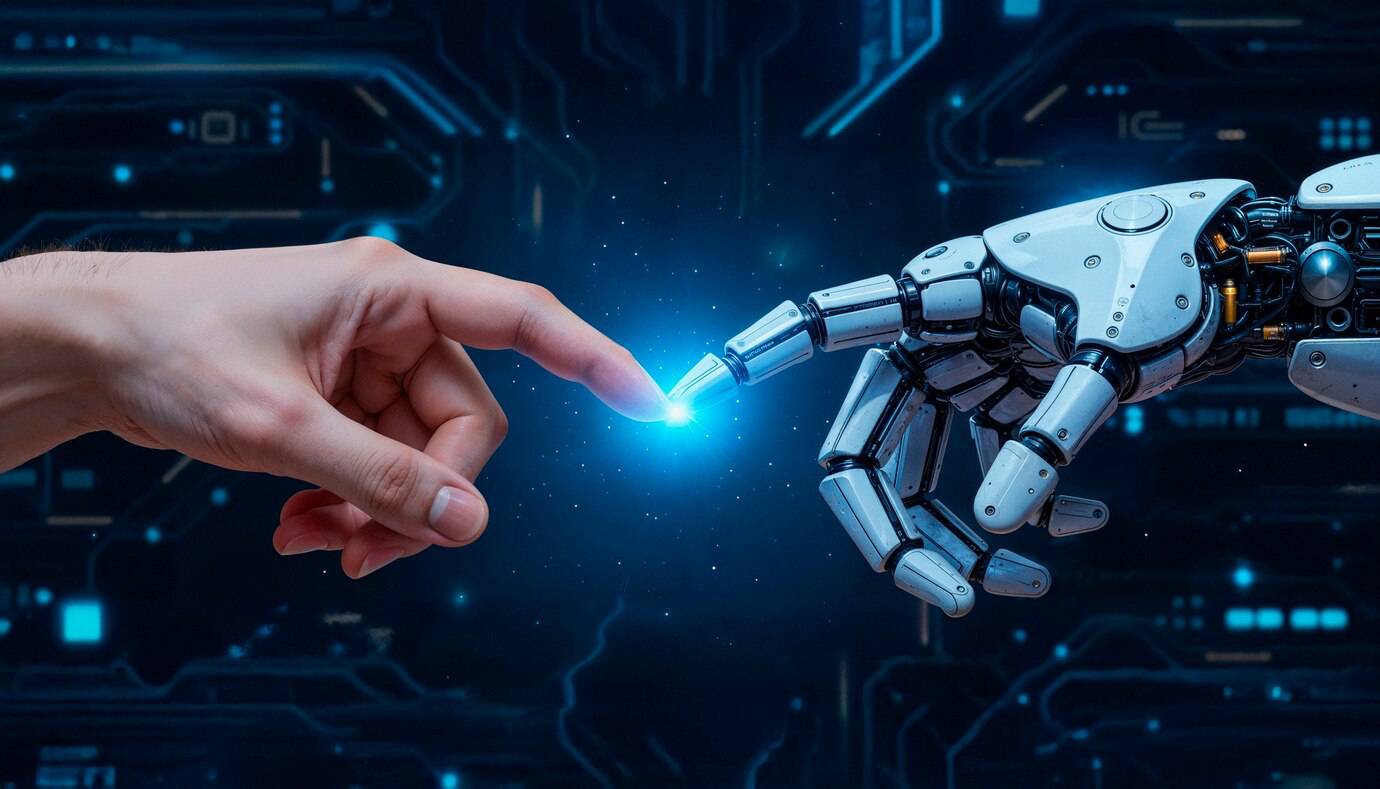 A human finger and a robot finger touching, emitting a blue light against a futuristic background.