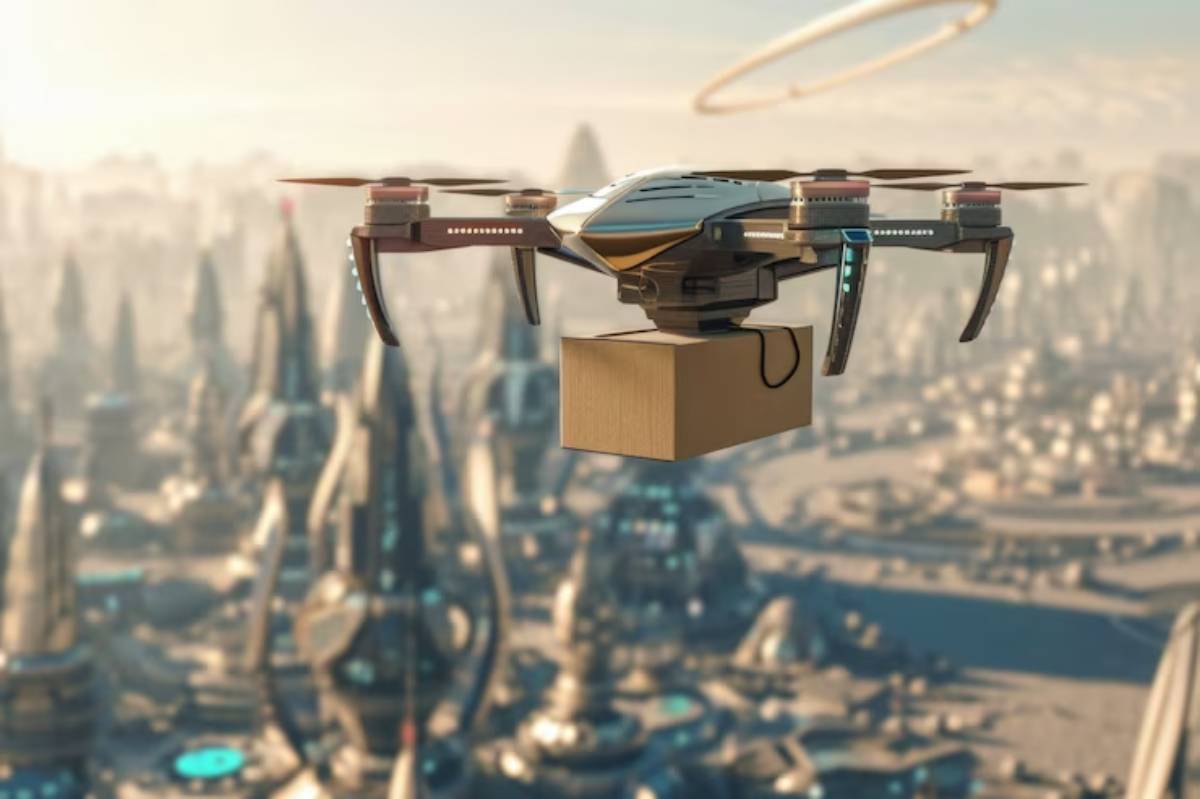 Drone flying over futuristic cityscape, carrying a package suspended from its base.