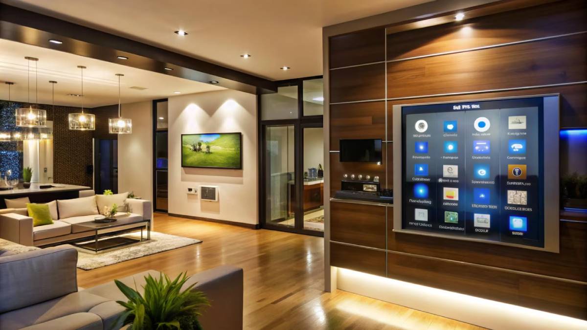 Modern living room with a large smart home interface on the wall, wooden panels, and stylish lighting.