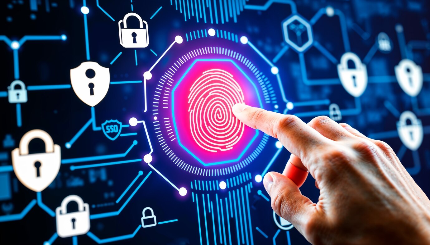 A hand pressing a glowing fingerprint icon on a digital security interface filled 