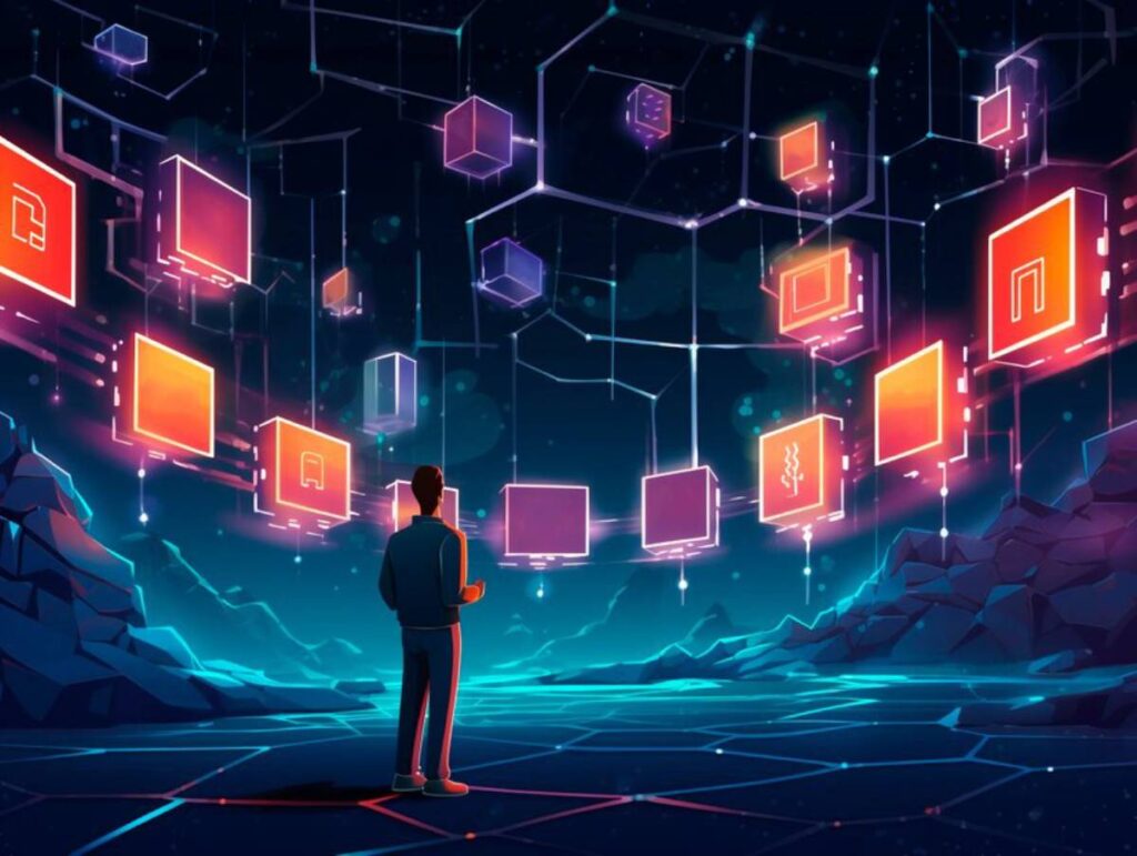A person stands in a futuristic landscape, gazing at glowing networks of digital icons suspended in the dark sky.