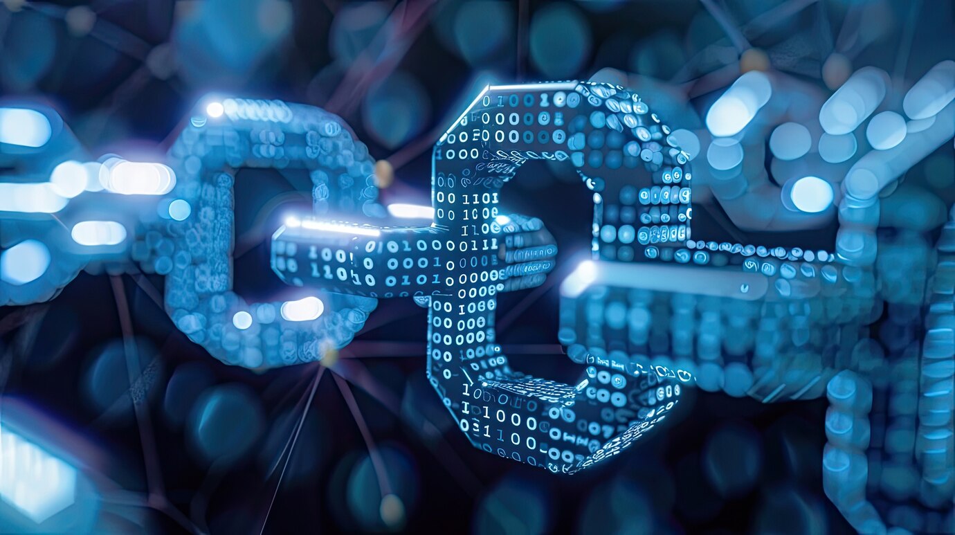 A digital chain link composed of glowing binary code, symbolizing blockchain technology 