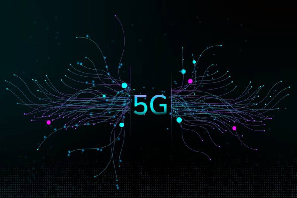 Abstract digital artwork depicting dynamic, neon lines and dots emanating from the glowing "5G" logo on a dark background.