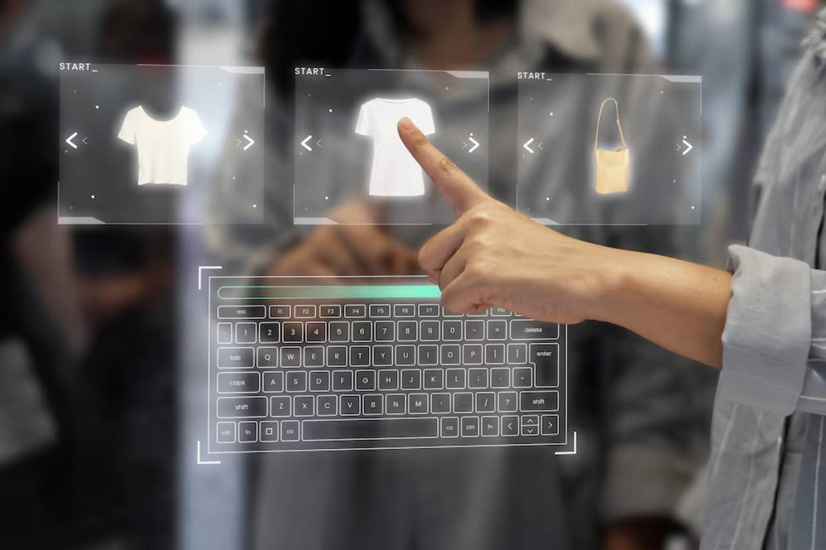 A person interacts with a holographic touchscreen displaying clothing options and a virtual keyboard in a modern retail setting.