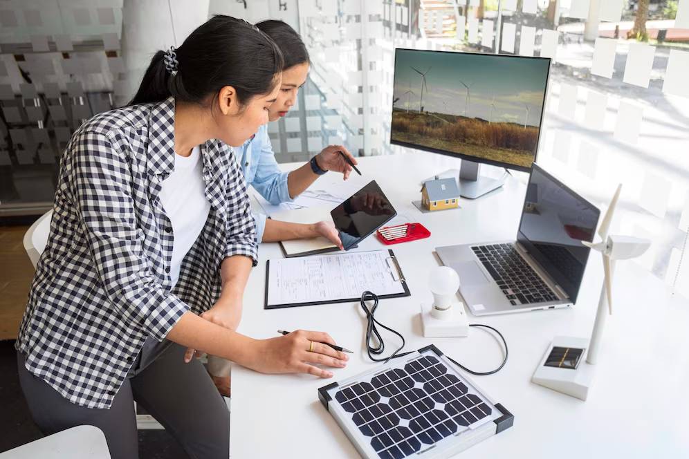 Two individuals collaborate at a table filled with tech gadgets, including a solar panel, laptop, and a mini wind turbine model.