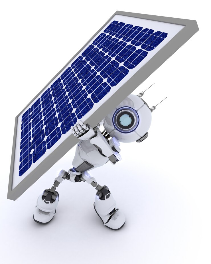 A cute, humanoid robot struggles to carry a large solar panel